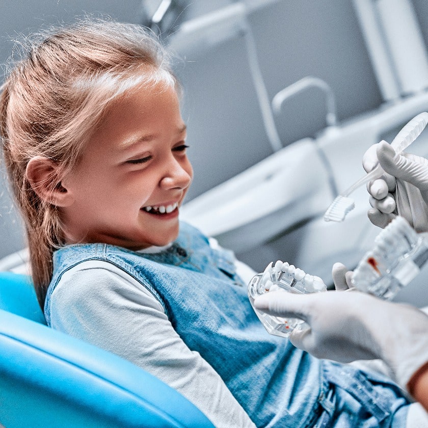 The dentist tells the child about oral hygiene and shows an artificial jaw and toothbrush